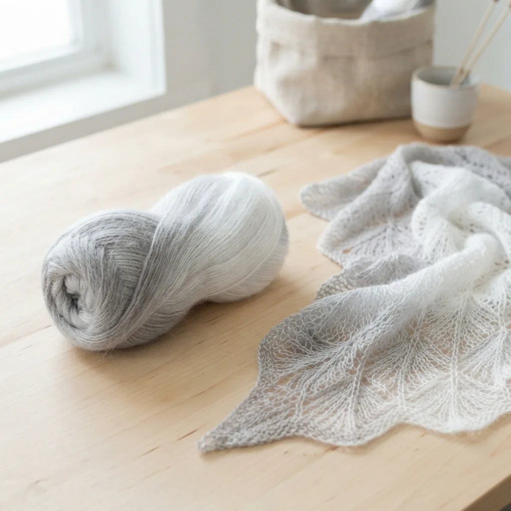 A skein of Loops & Threads Soft Haze Ombre Yarn in a grey-to-white gradient, displayed with a lace shawl.