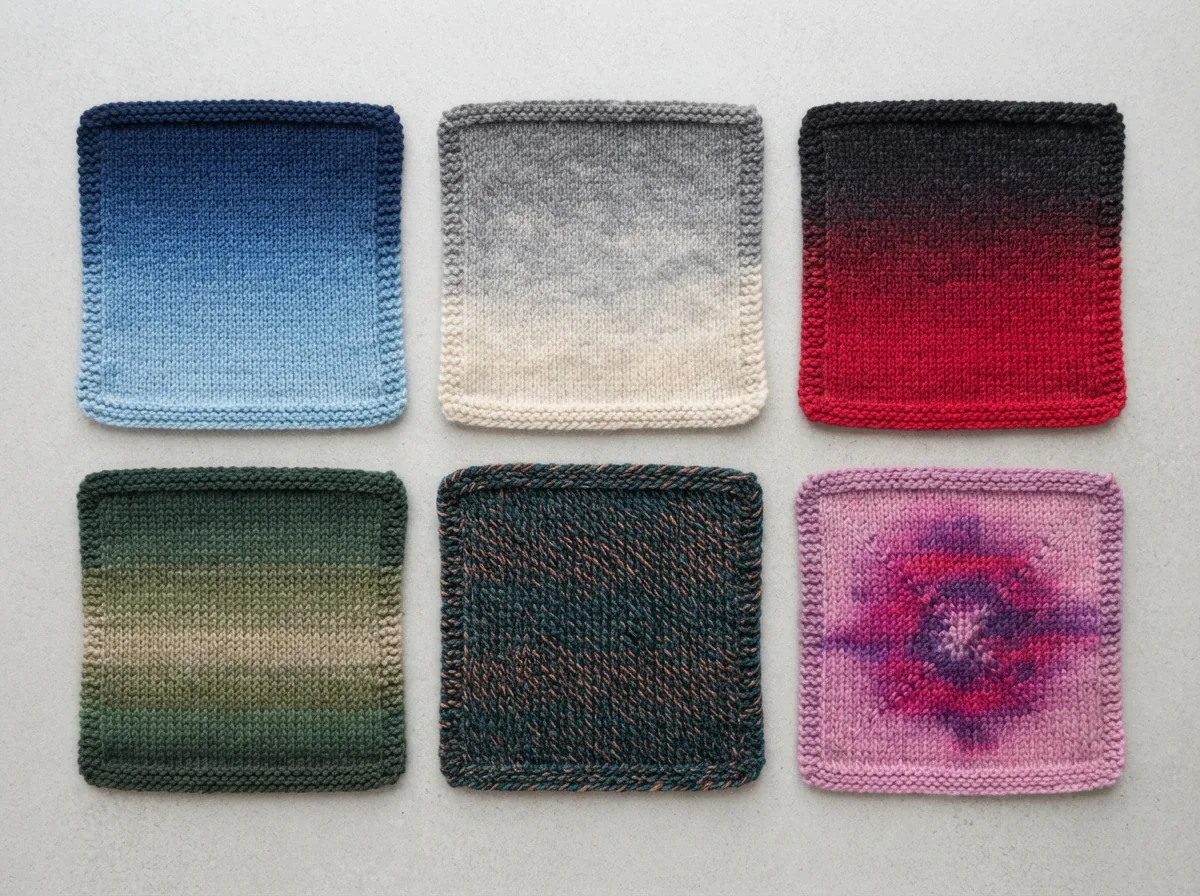 A grid of six different ombre yarn color swatches, each showing a distinct transition style.