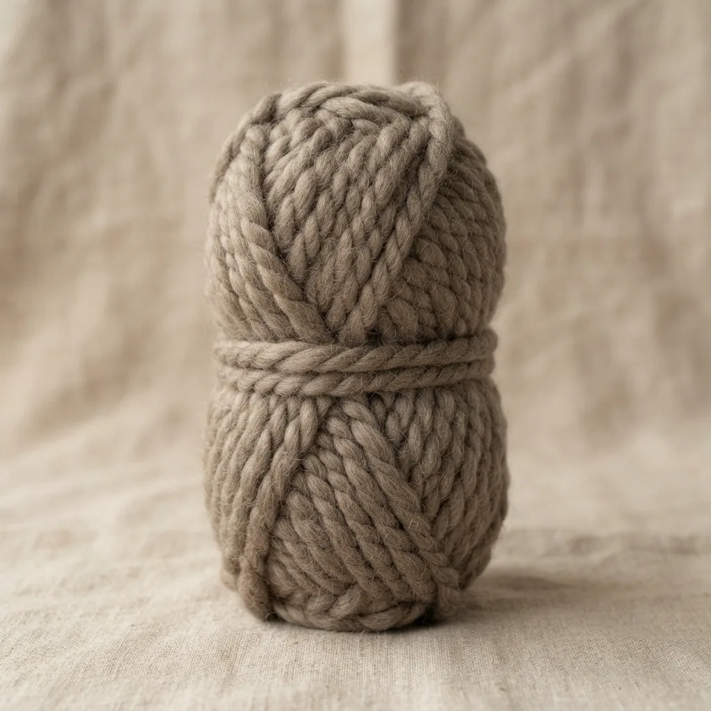A single skein of Loops & Threads Charisma Yarn in the solid, warm Taupe color.