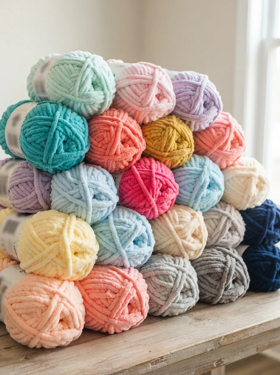 Assorted skeins of soft, plush Sweet Snuggles yarn in various colors on a neutral background.