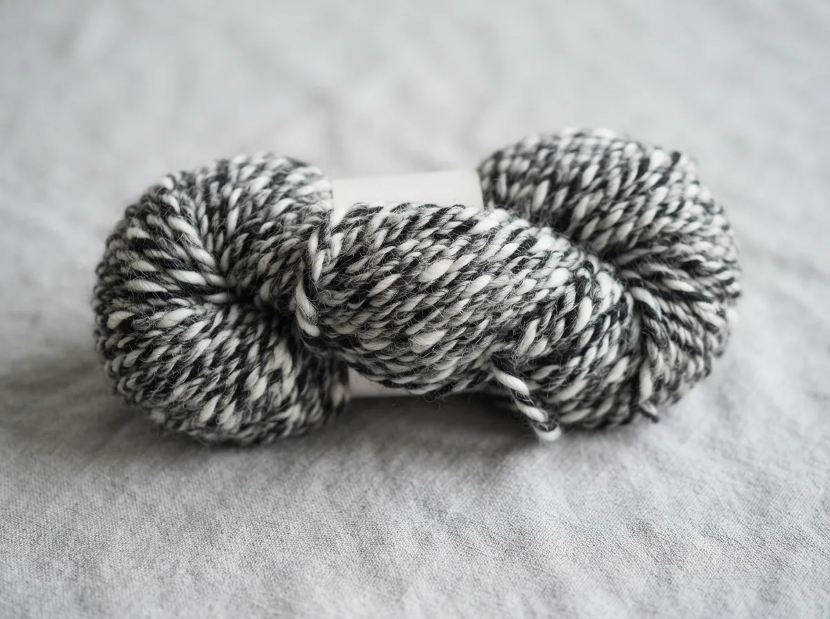 A skein of Loops & Threads Chunky Grande yarn in a black and white colorway.