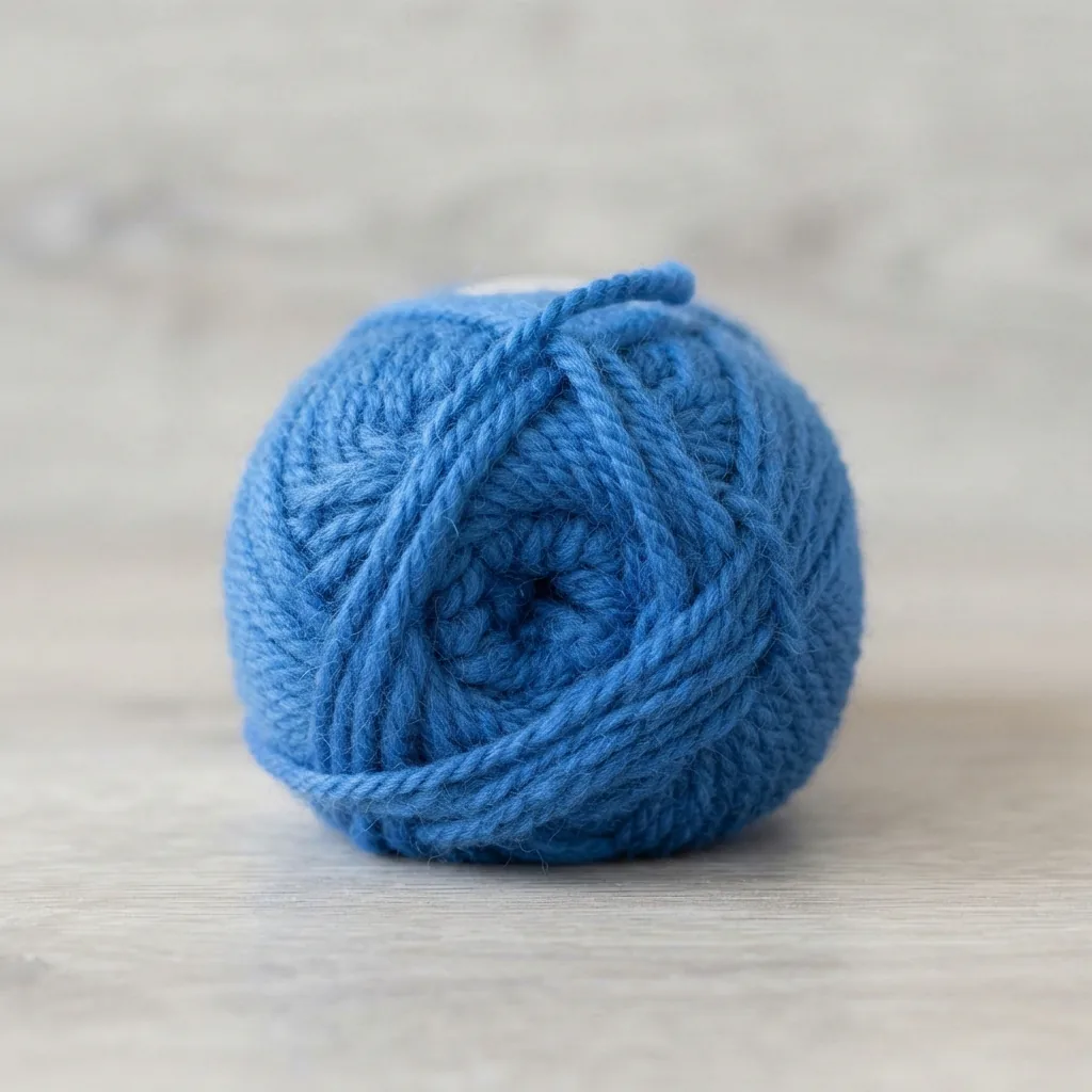 A skein of Loops & Threads Snuggly Wuggly Yarn in a classic blue color.