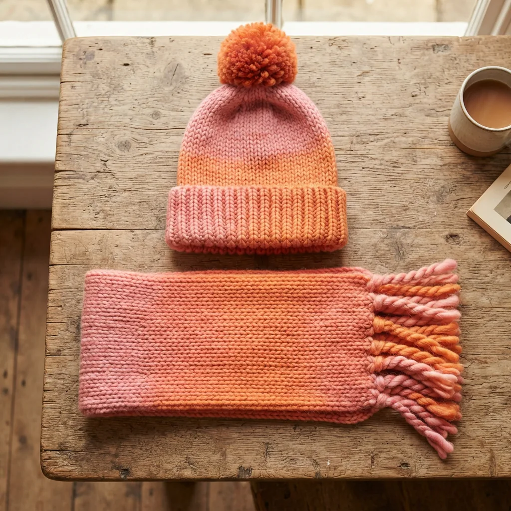A matching set of a knit hat and scarf made from ombre yarn in sunset colors, displayed on a wooden table.