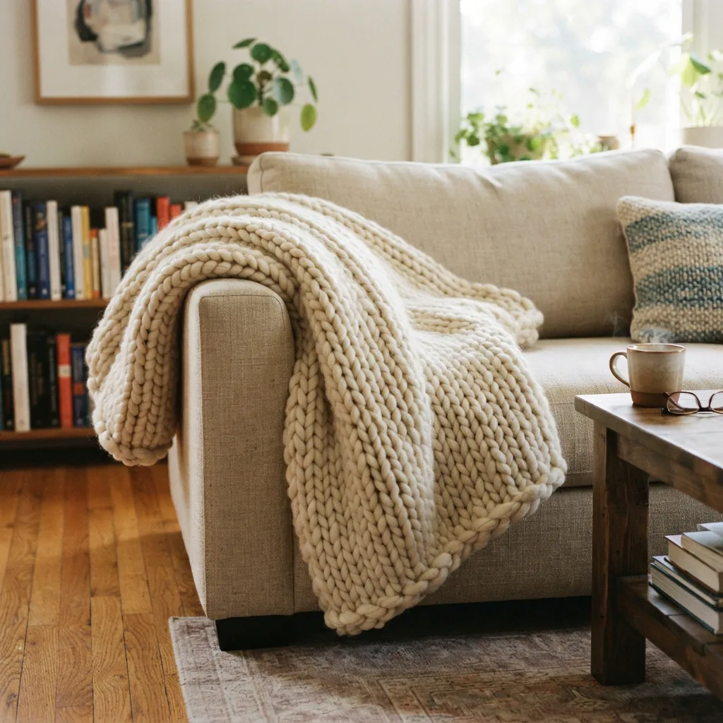 A cozy, handmade bulky knit blanket draped over a couch.