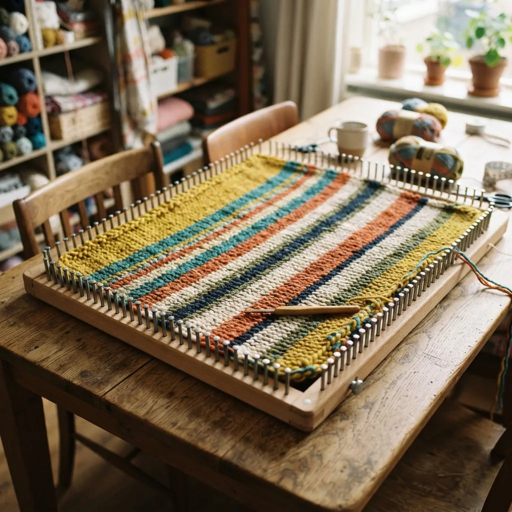 A large, rectangular knitting loom set up on a table with a colorful blanket in progress.