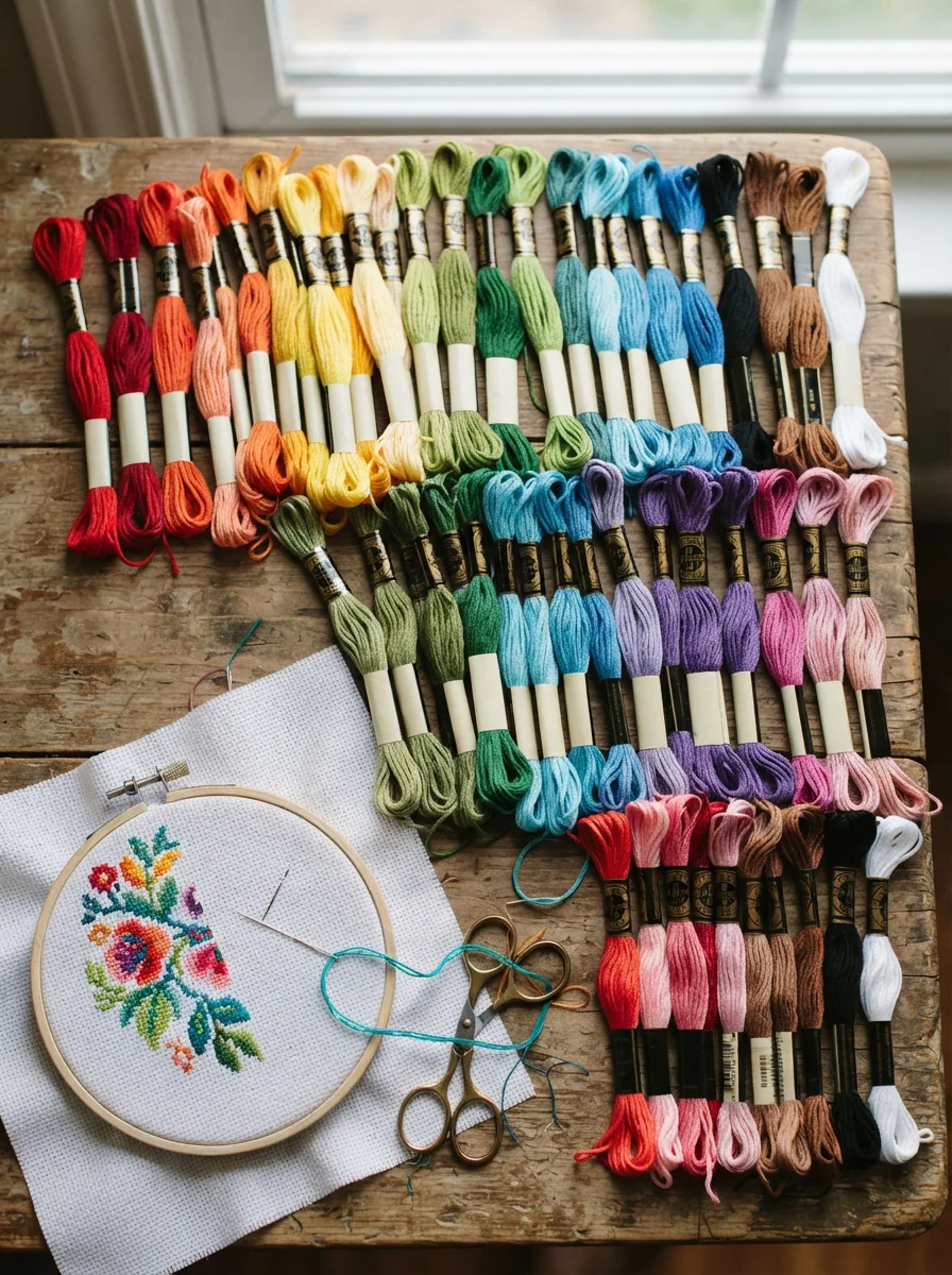 A collection of colorful Loops & Threads embroidery floss skeins arranged artistically on a craft table with a needle and fabric.