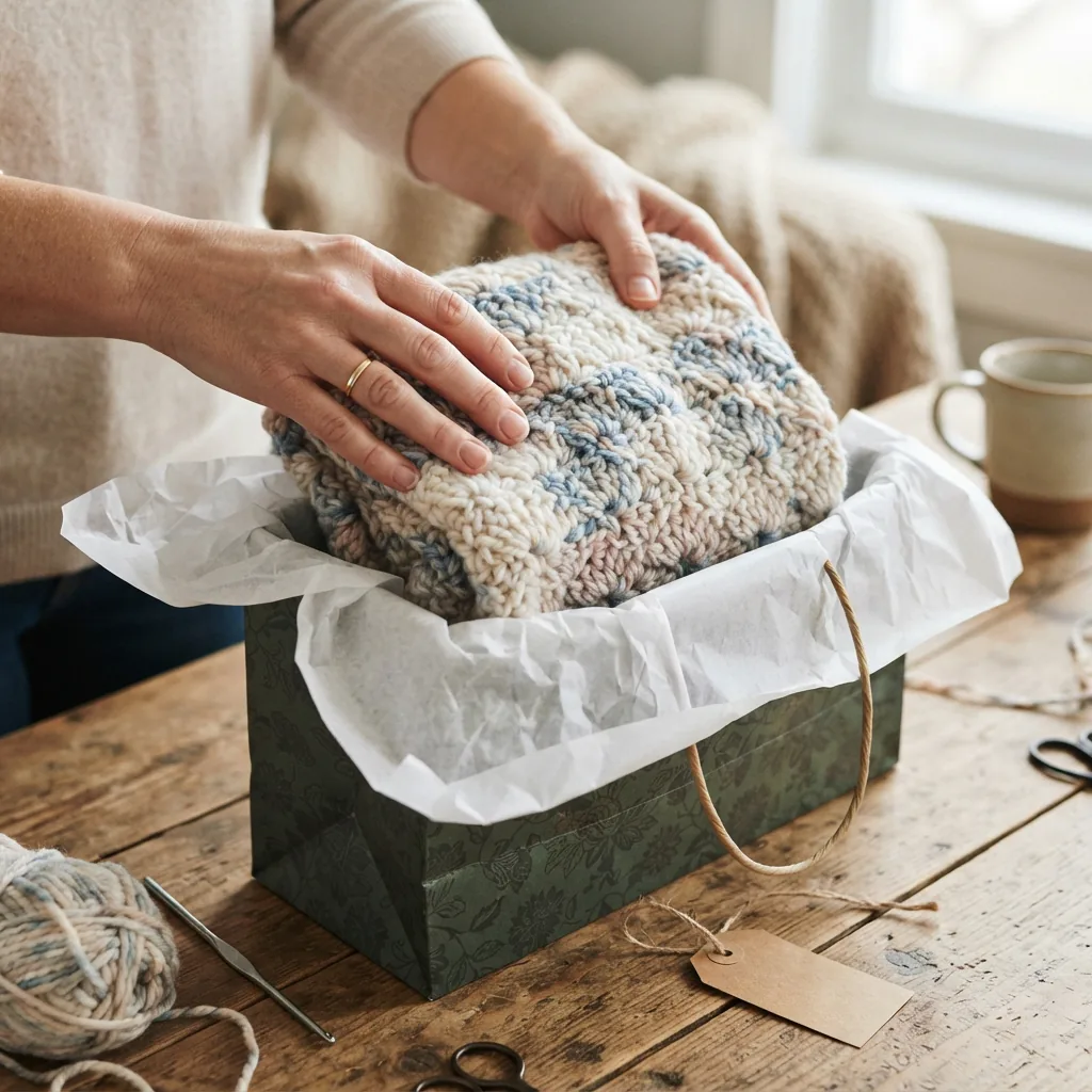 A finished crochet item from a kit, like a scarf, being placed into a gift bag with tissue paper.