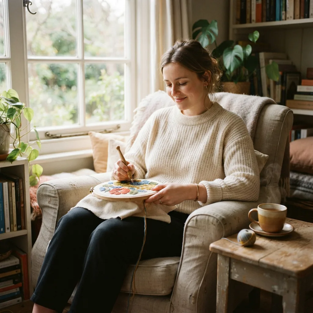 A crafter relaxing in a comfortable chair, enjoying the process of working on a punch needle project in their lap.