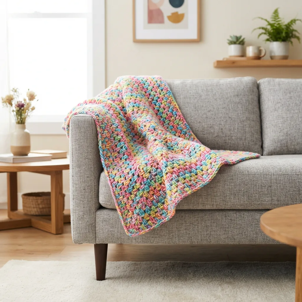 A colorful crocheted afghan draped over the arm of a sofa.