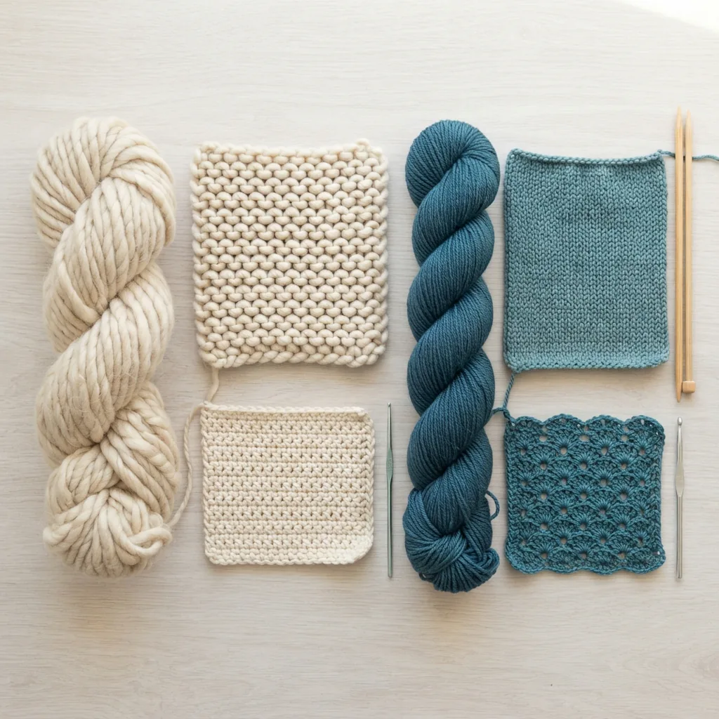 Yarn skeins of different weights next to corresponding project swatches.