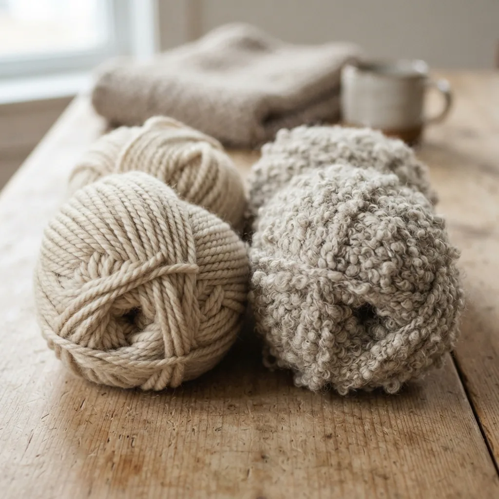 Close-up comparison of a smooth-ply bulky yarn next to a textured bouclé yarn on a neutral background.