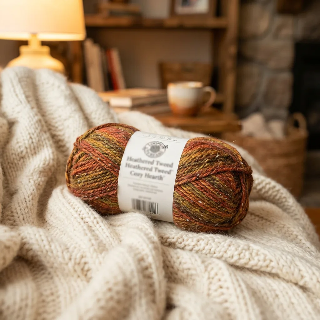 A skein of Loops And Threads Heathered Tweed Yarn in Cozy Hearth on a chunky knit blanket.
