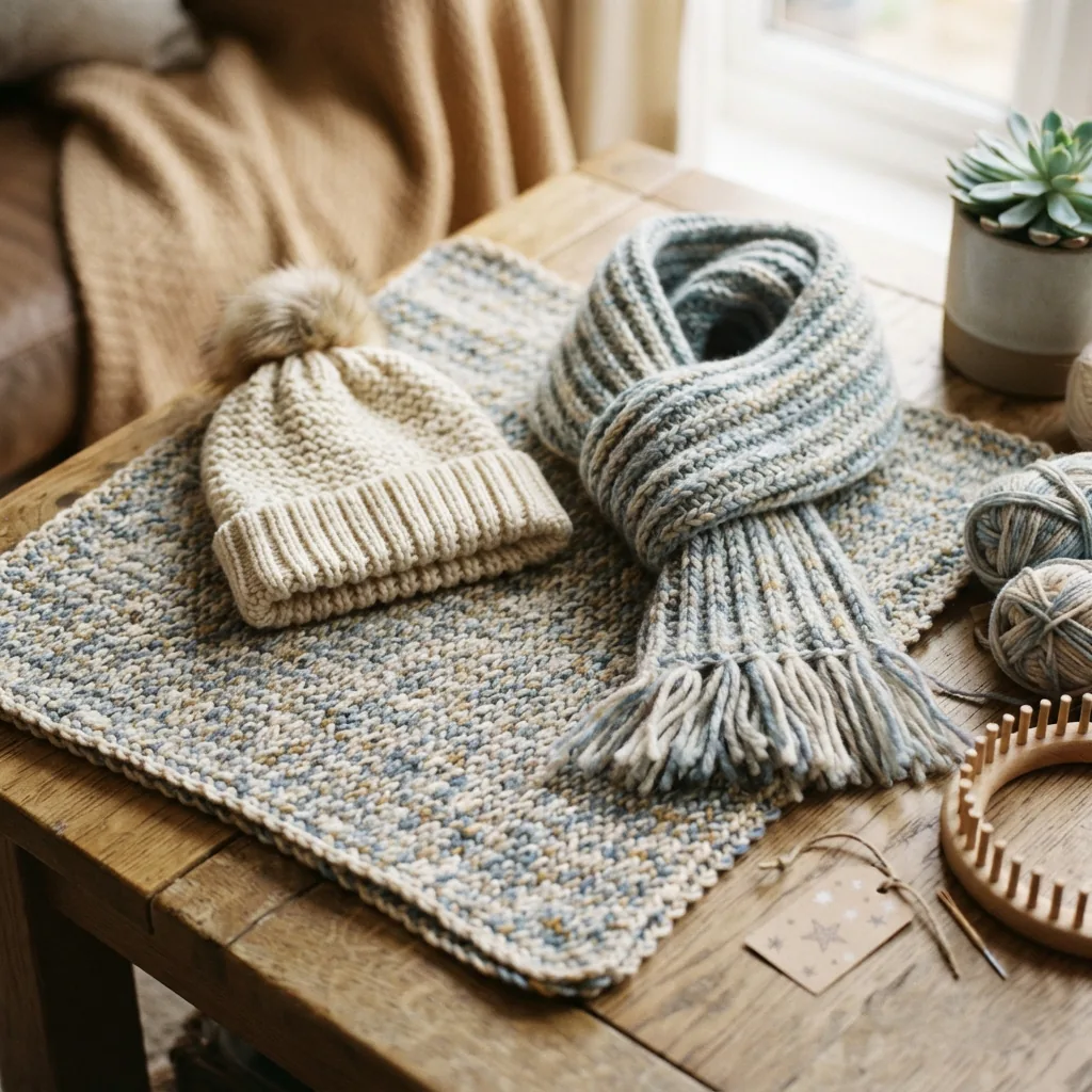 Handmade knitted gifts created with a loom.