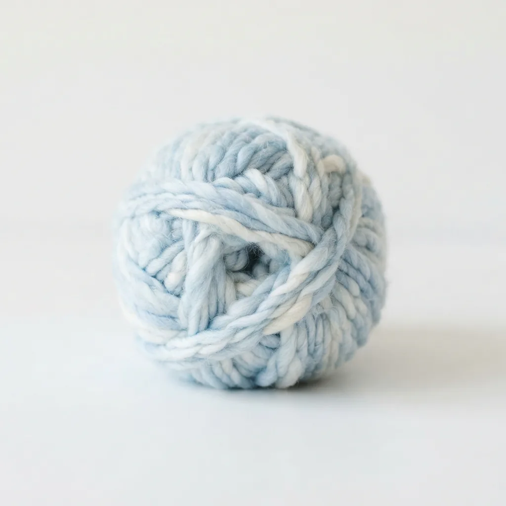 A ball of Barcelona Dulce yarn in the Dew colorway, showing light blue and white tones.