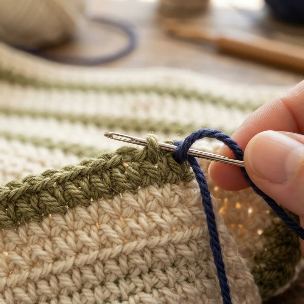 A close-up of a yarn needle weaving a loose end into the back of a crocheted piece.