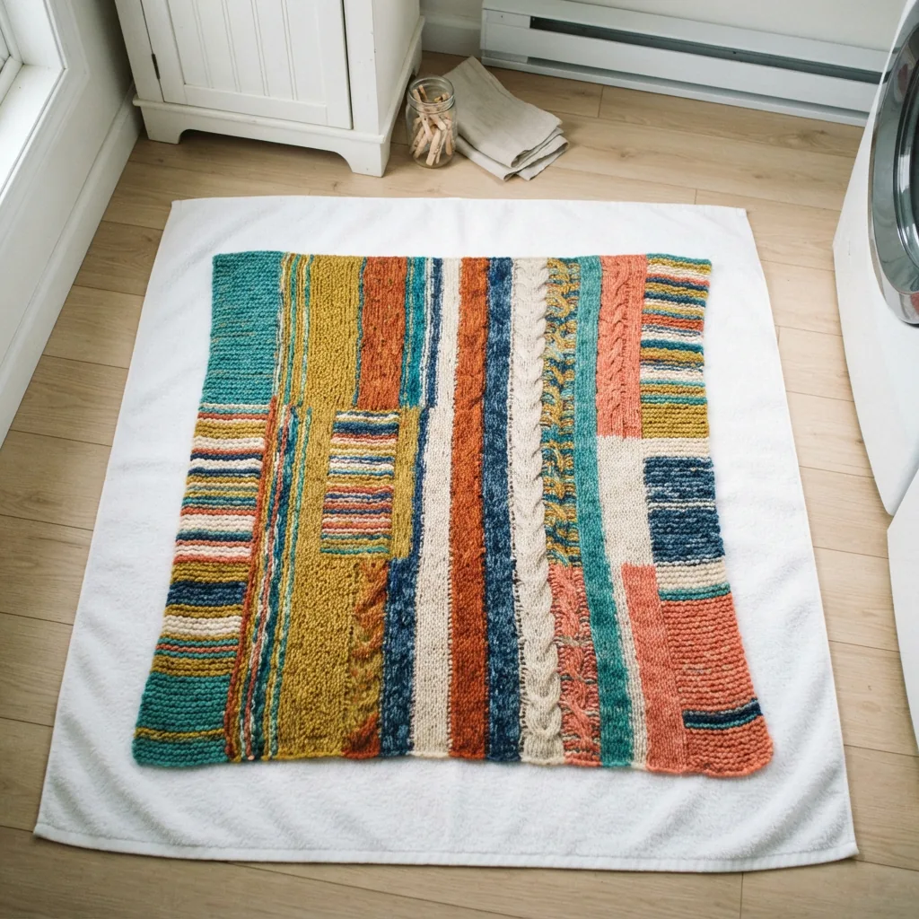 A freshly washed knit blanket laid flat on a white towel to dry.