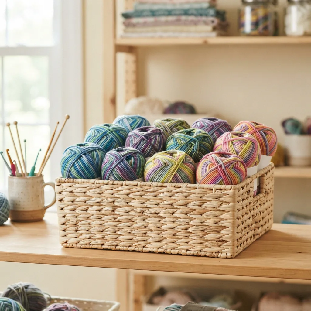 Several skeins of Mixed Up yarn stored neatly in a woven basket on a shelf.