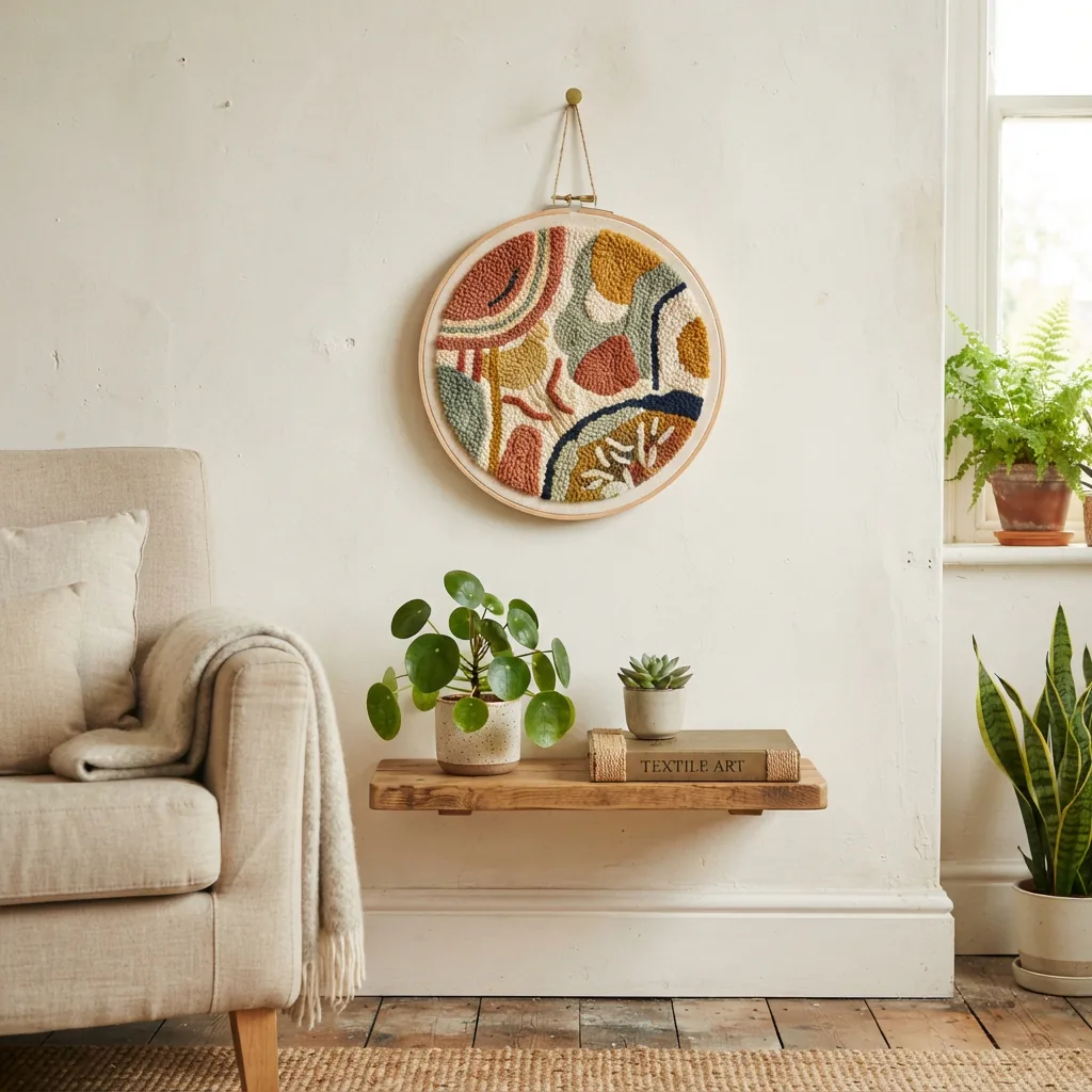 A framed textile art piece showing abstract shapes, hanging on a living room wall.
