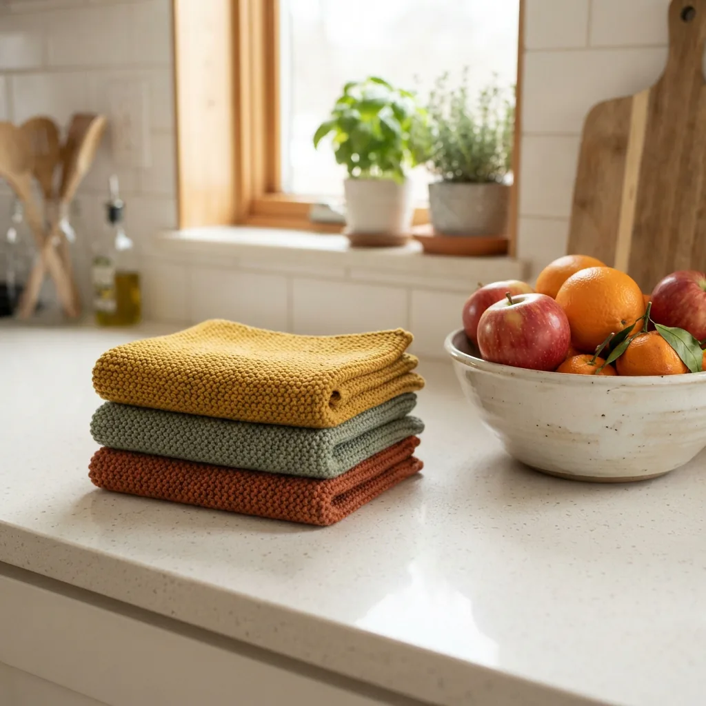 A folded stack of colorful knitted cotton dishcloths next to a bowl of fresh fruit.