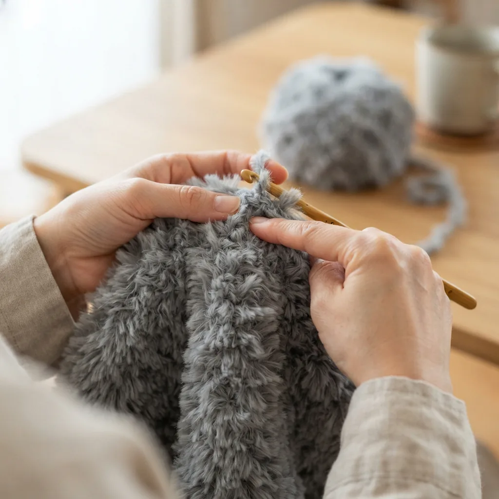 Hands working stitches with the gray faux fur yarn, showing the textured fabric.