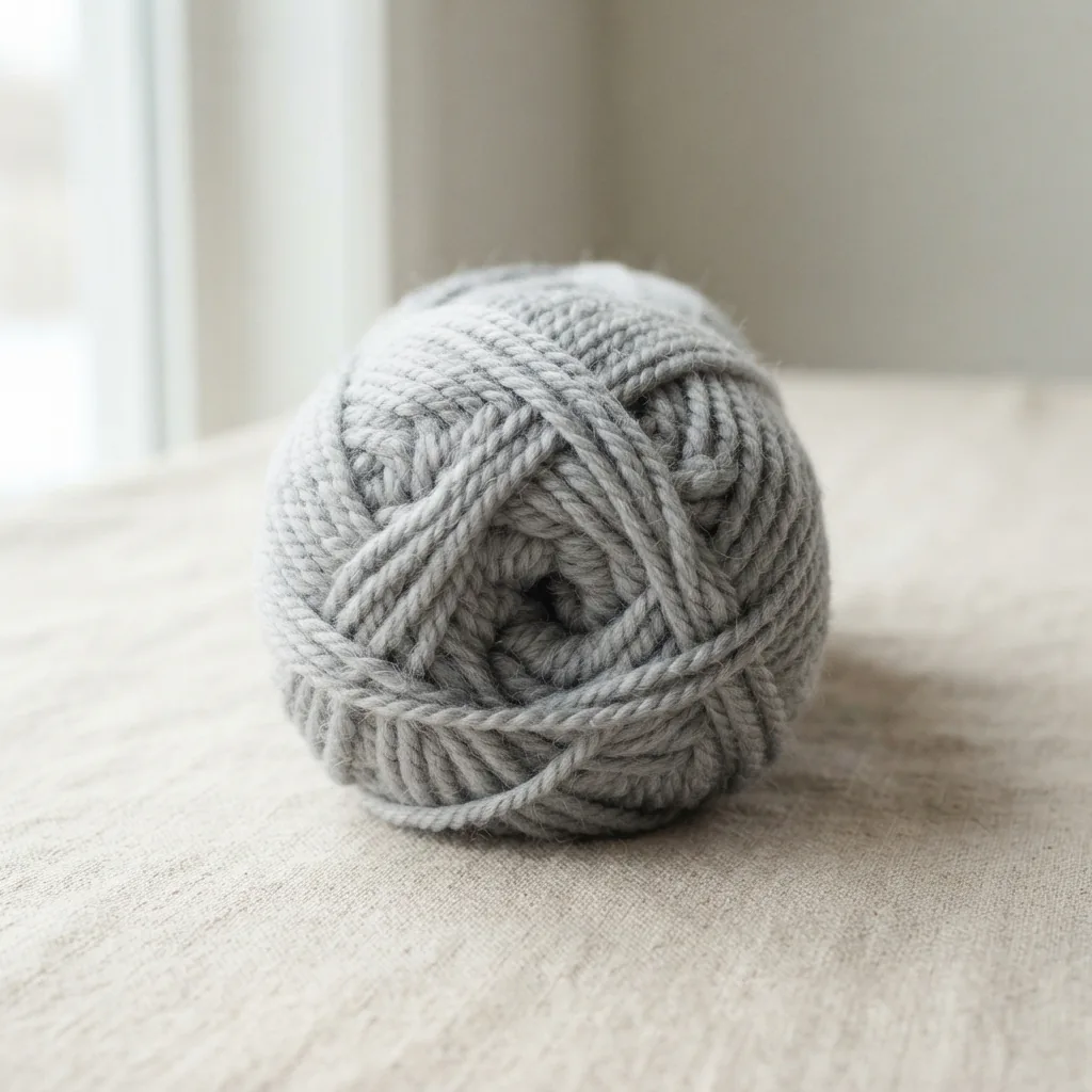 A skein of Loops & Threads Snuggly Wuggly Yarn in a soft grey color.