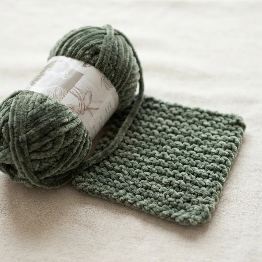 A skein of Chenille Home Slim yarn with its label visible, resting on a soft, knitted swatch.