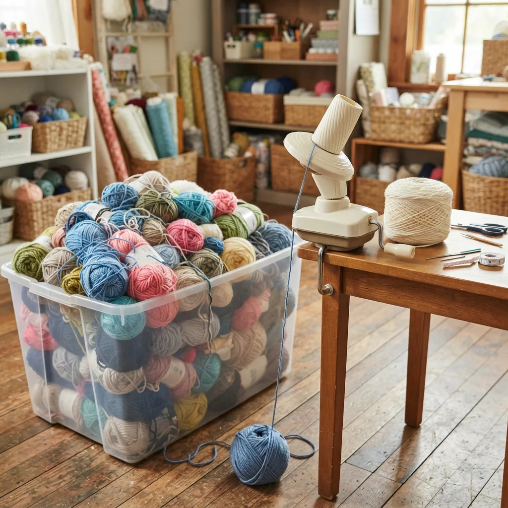A craft storage bin with several loosely tangled skeins of yarn, next to the yarn winder and one neatly wound cake.
