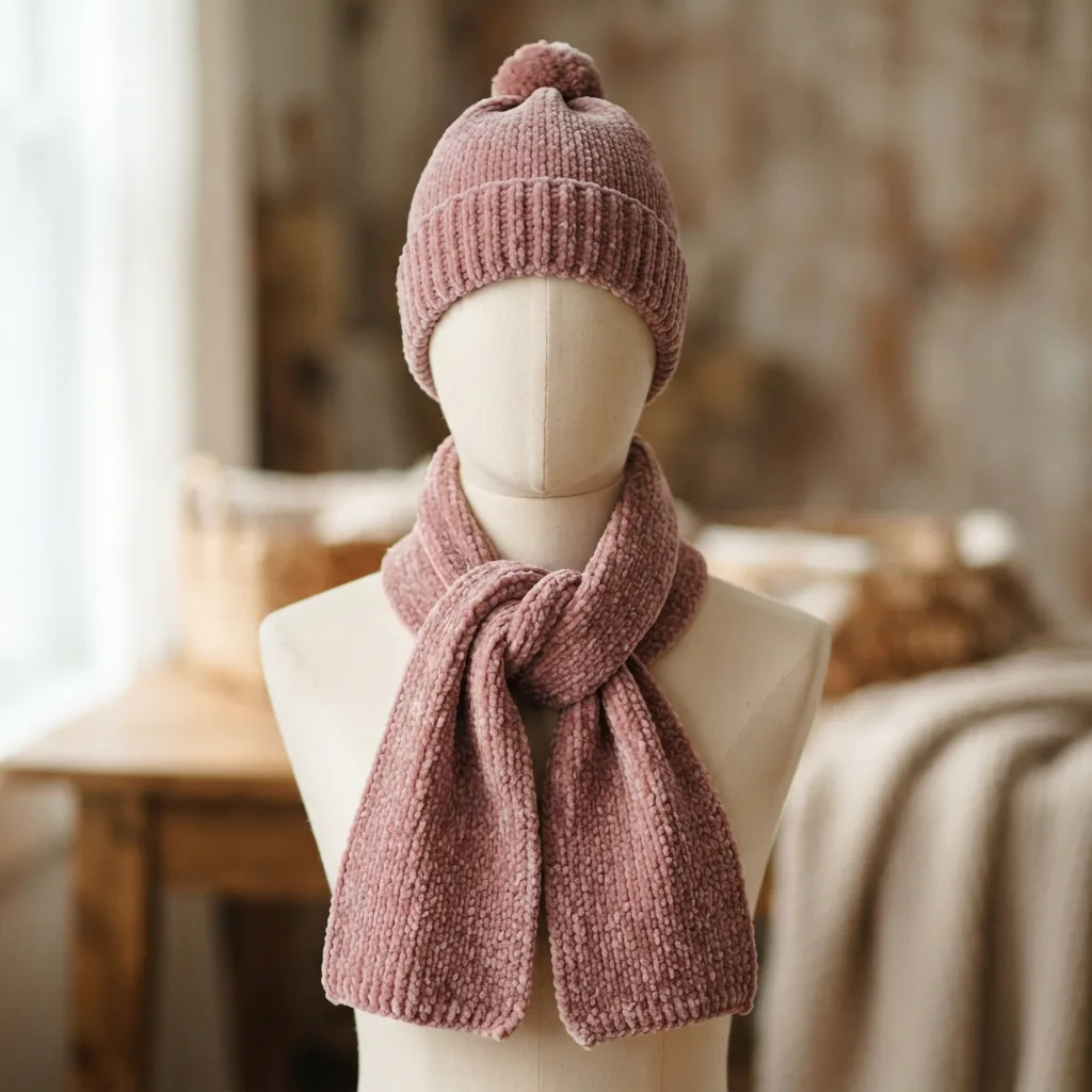 A soft chenille scarf and hat set displayed on a mannequin