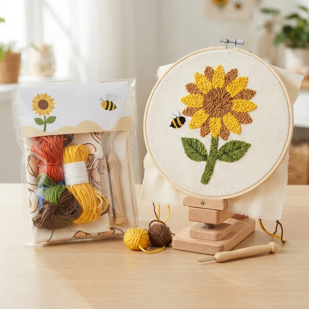 The Loops and Threads Punch Needle Kit for the Sunflower Bee design, with its finished project held in a wooden sewing clamp.