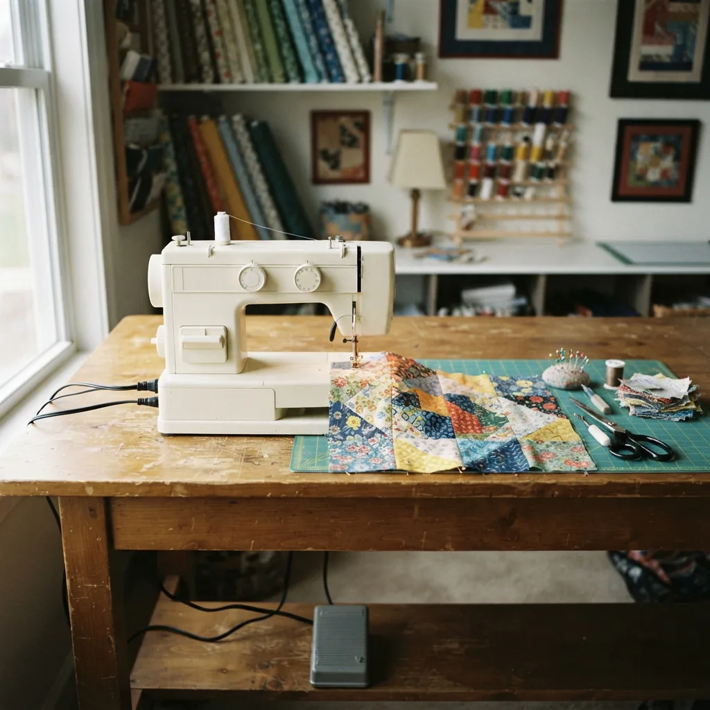 A sturdy sewing machine on a craft table with a partially completed quilt project beside it.