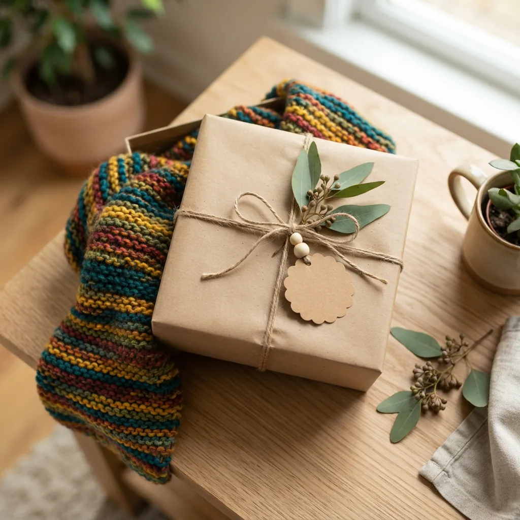 A beautifully wrapped gift box with a handmade Impressions yarn scarf peeking out.