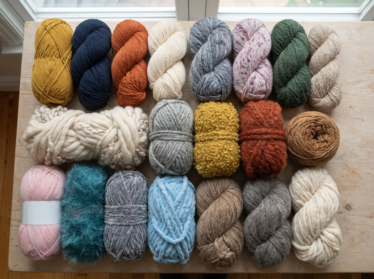 An overview display of different types of bulky yarn, showing variations in texture and fiber.