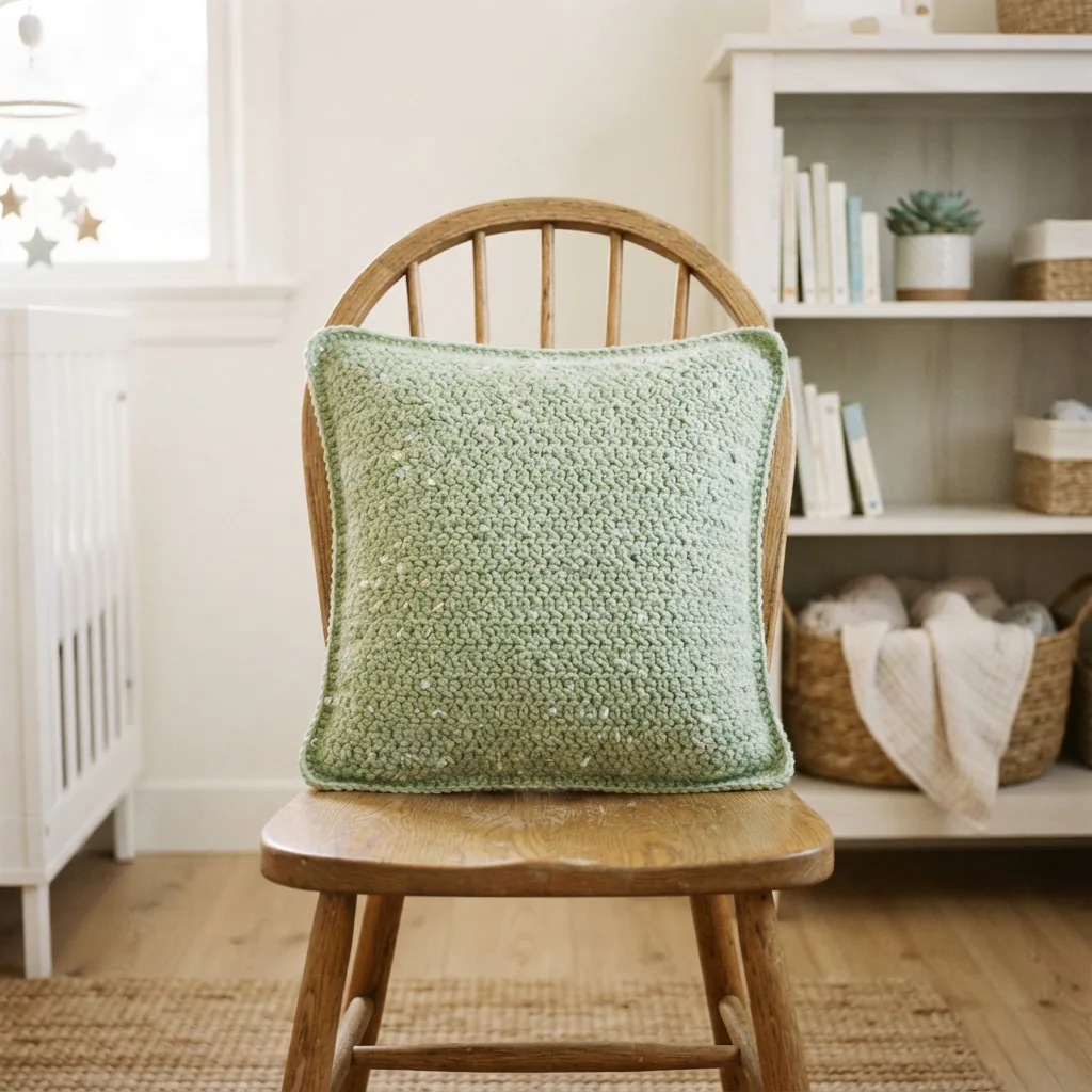 A decorative, crocheted pillow cover made with Brushed Rainbow Yarn on a nursery chair.