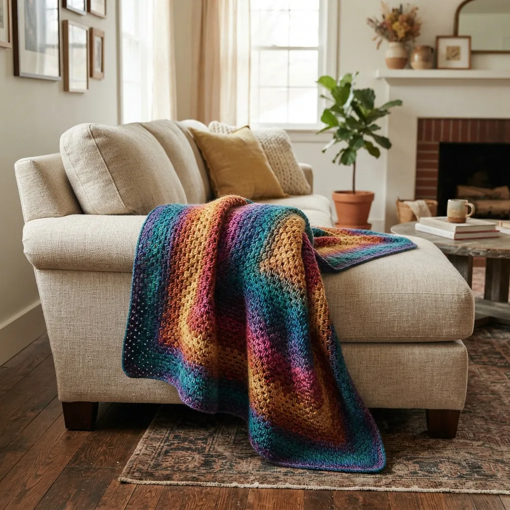A large, colorful Ombre yarn afghan draped over the arm of a comfortable living room sofa.