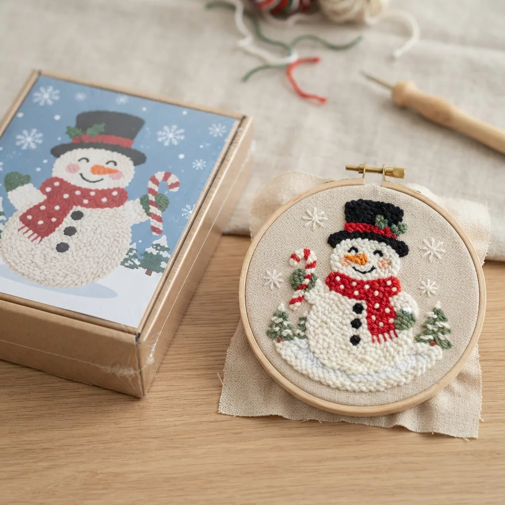 The boxed Loops and Threads Punch Needle Kit for the Standing Snowman design, displayed next to the completed small fabric hoop project.