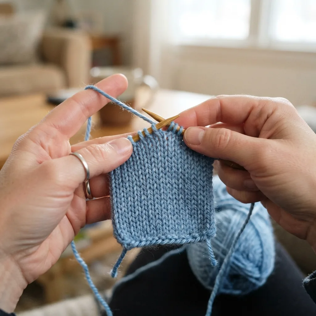 Hands holding knitting needles with a small gauge swatch made from Soft & Shiny yarn.