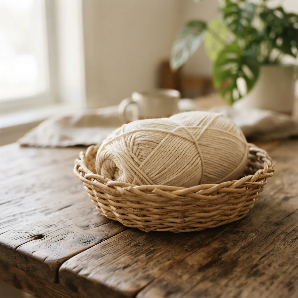 A skein of Loops & Threads Organic Cotton Yarn in a natural, unbleached ecru color, resting in a small woven basket.