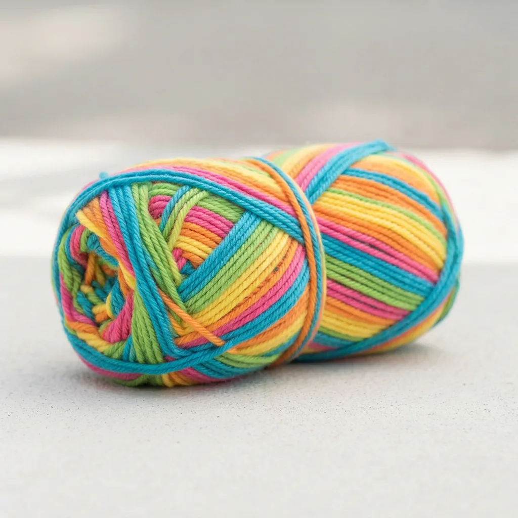 A skein of Impeccable Stripes yarn displaying its vibrant, multi-colored pattern.