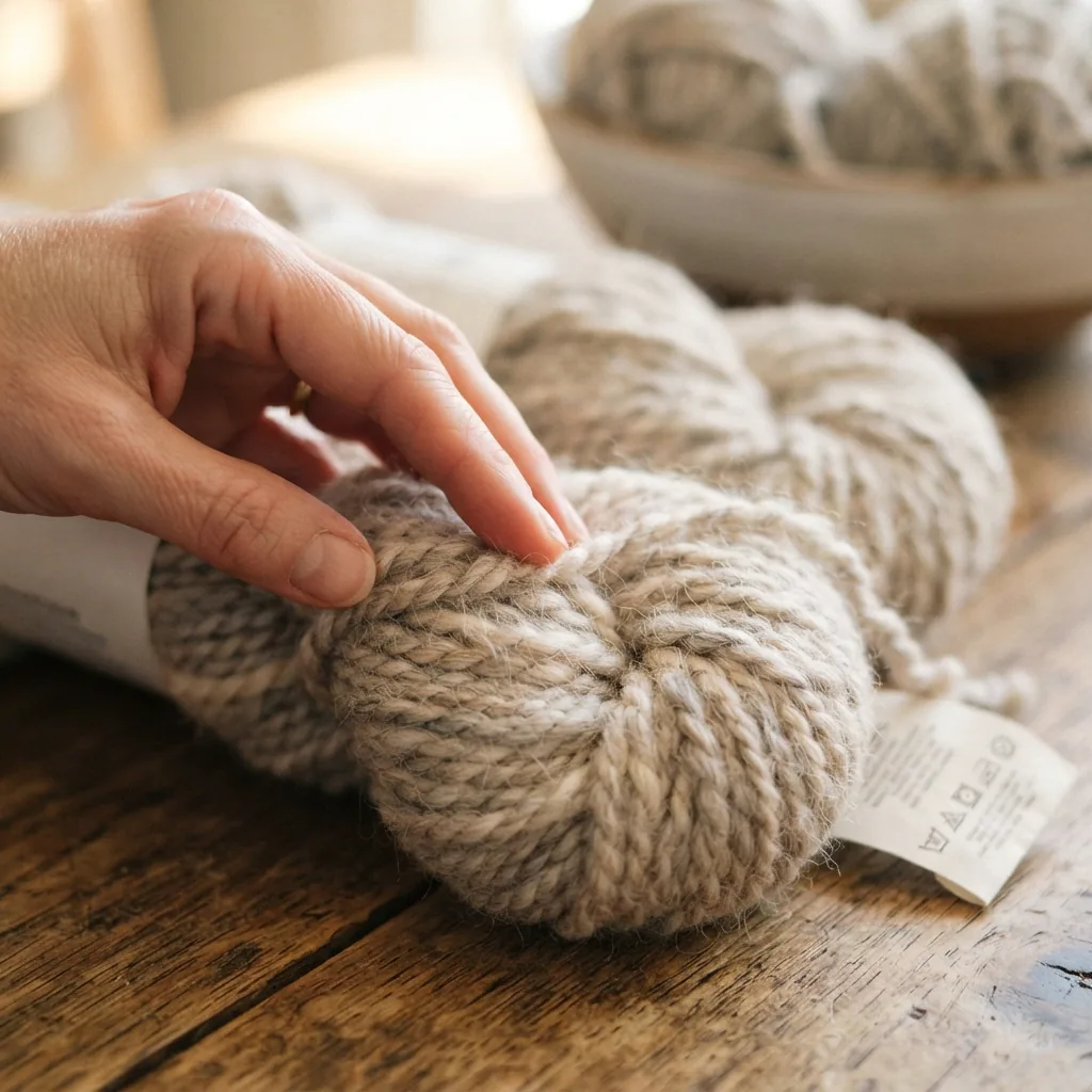 A hand feeling the soft texture of a skein of yarn next to a washing symbol tag.
