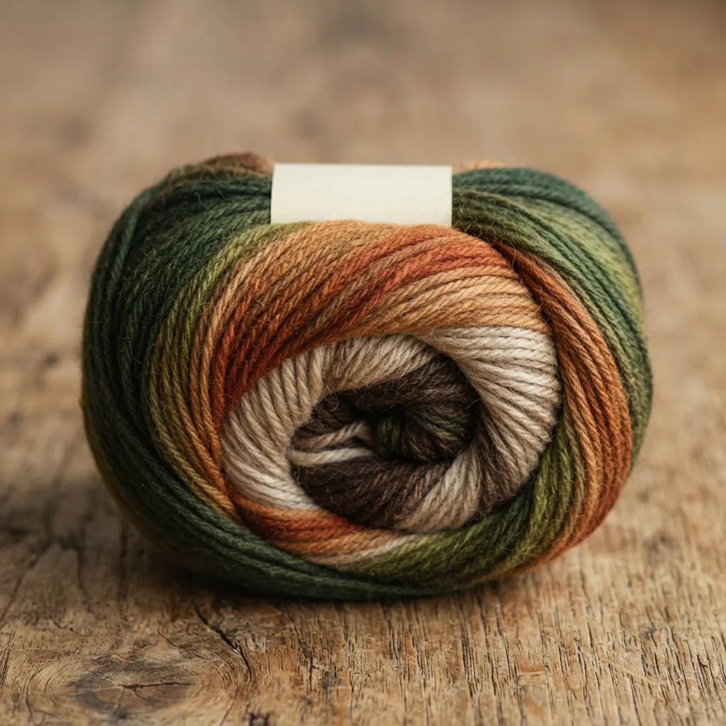 A skein of Loops & Threads Impeccable Ombre yarn in warm, earthy colors like brown and rust.