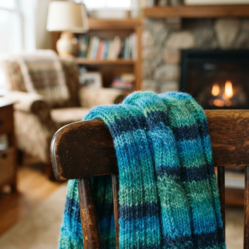 A cozy, knitted scarf made from self-striping Barcelona yarn.