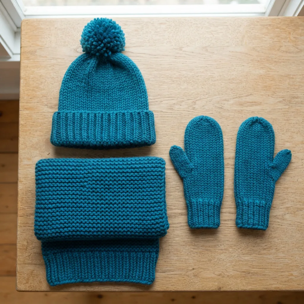 A set of handmade accessories: a scarf, hat, and mittens made from colorful yarn.
