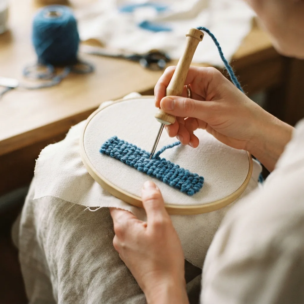 A hand holding a simple punch needle tool over a piece of monks cloth with colorful yarn loops.