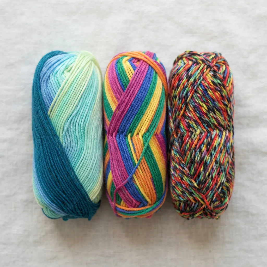 Three different skeins of Ombre yarn showing distinct color transition patterns from gradient to variegated.
