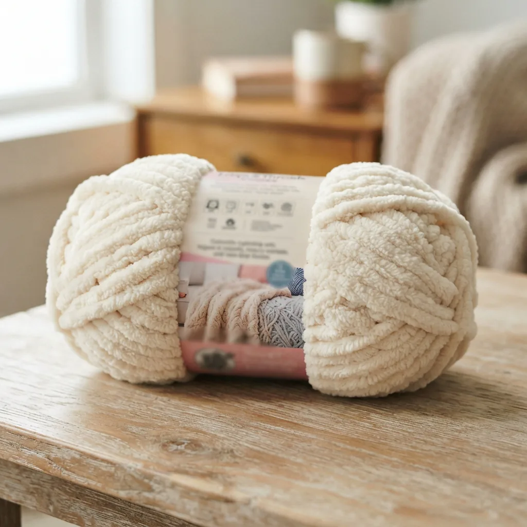 A skein of standard-weight Sweet Snuggles yarn with its label visible.