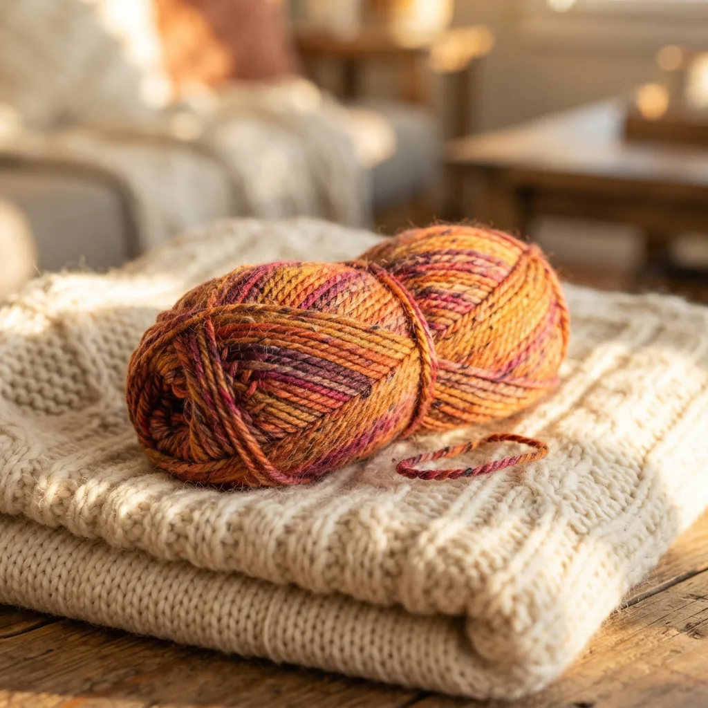 A skein of Loops And Threads Heathered Tweed Yarn in Sunset Hues on a warm-toned fabric.