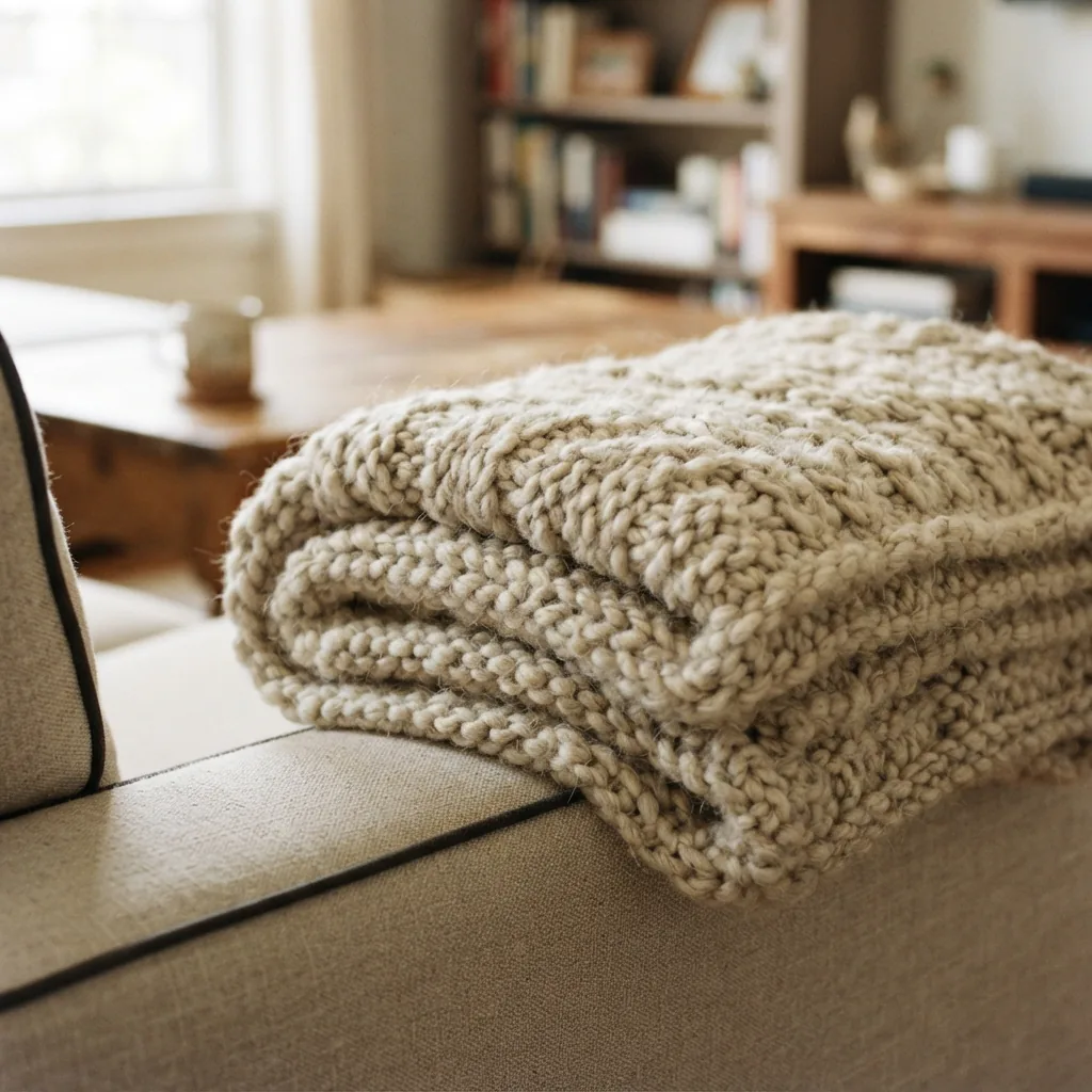 A finished crocheted blanket folded neatly, showcasing the Barcelona yarn's soft texture.