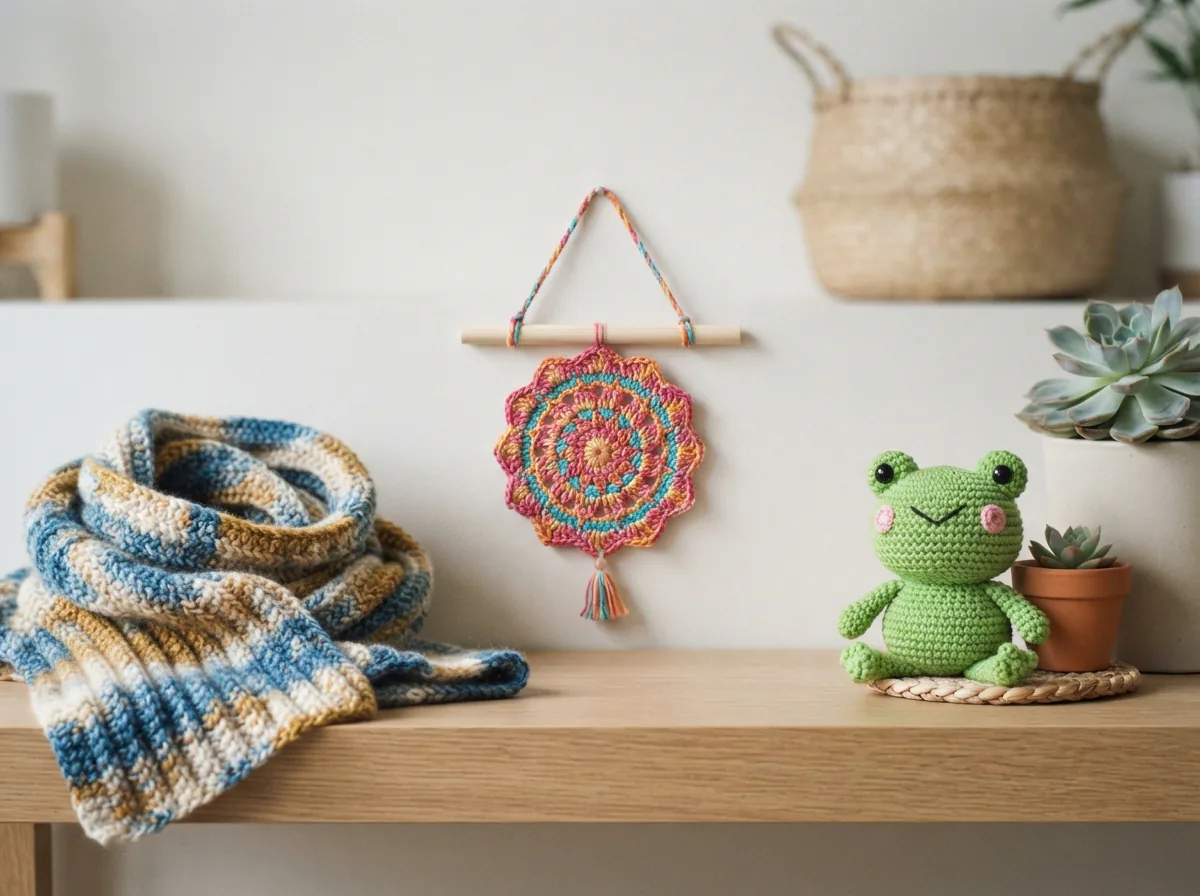 A display of three distinct crochet project categories: a wearable scarf, a decorative wall hanging, and a small stuffed animal.