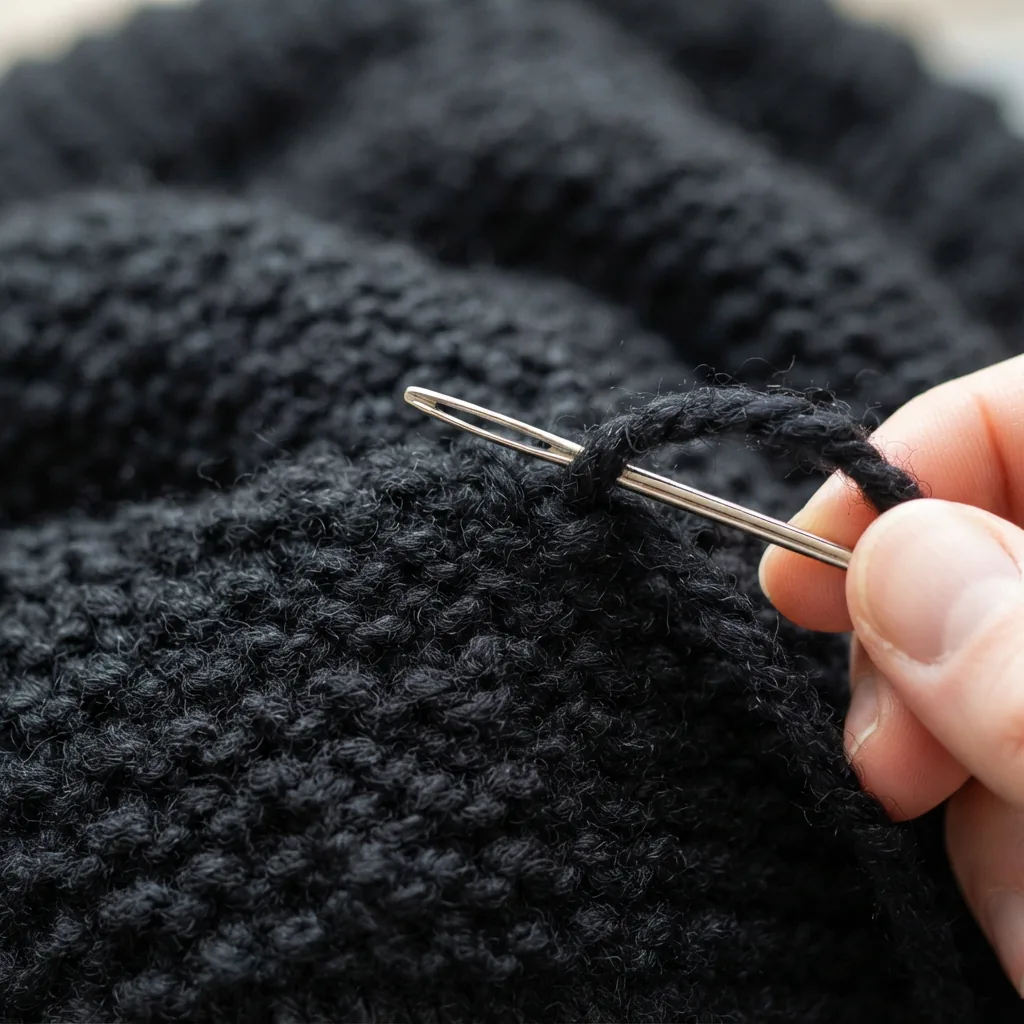 A yarn needle is weaving a loose end into the back of a knitted fabric.