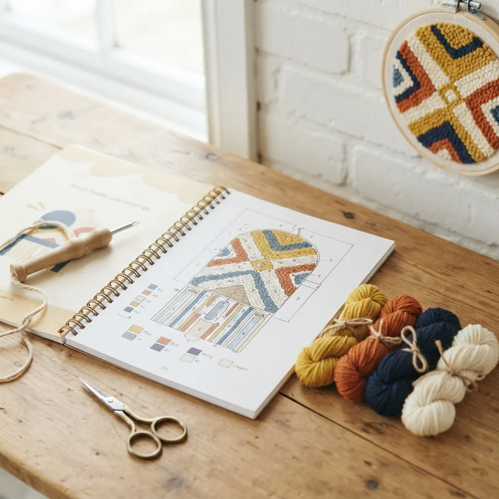 The pattern guide book with sample yarn and a finished punch needle piece.